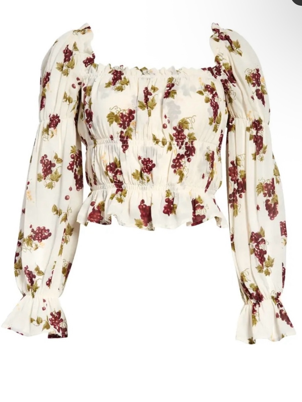 Reformation White Amarena Blouse with Burgundy Fruit Print